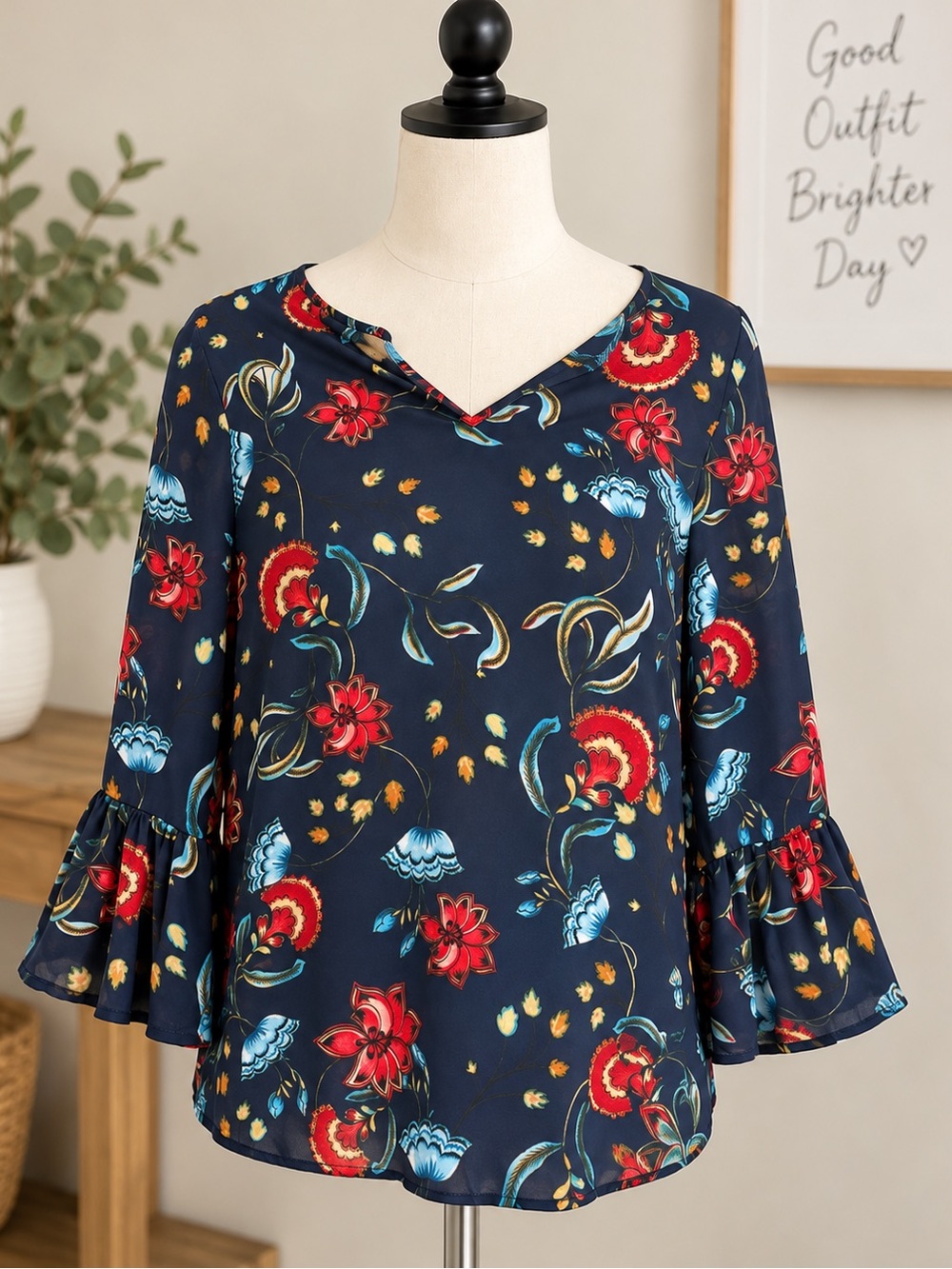 Navy Floral Bell-Sleeve Blouse
